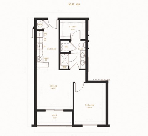 Floor plan for 1 bed, 1 bath, 655 sqft